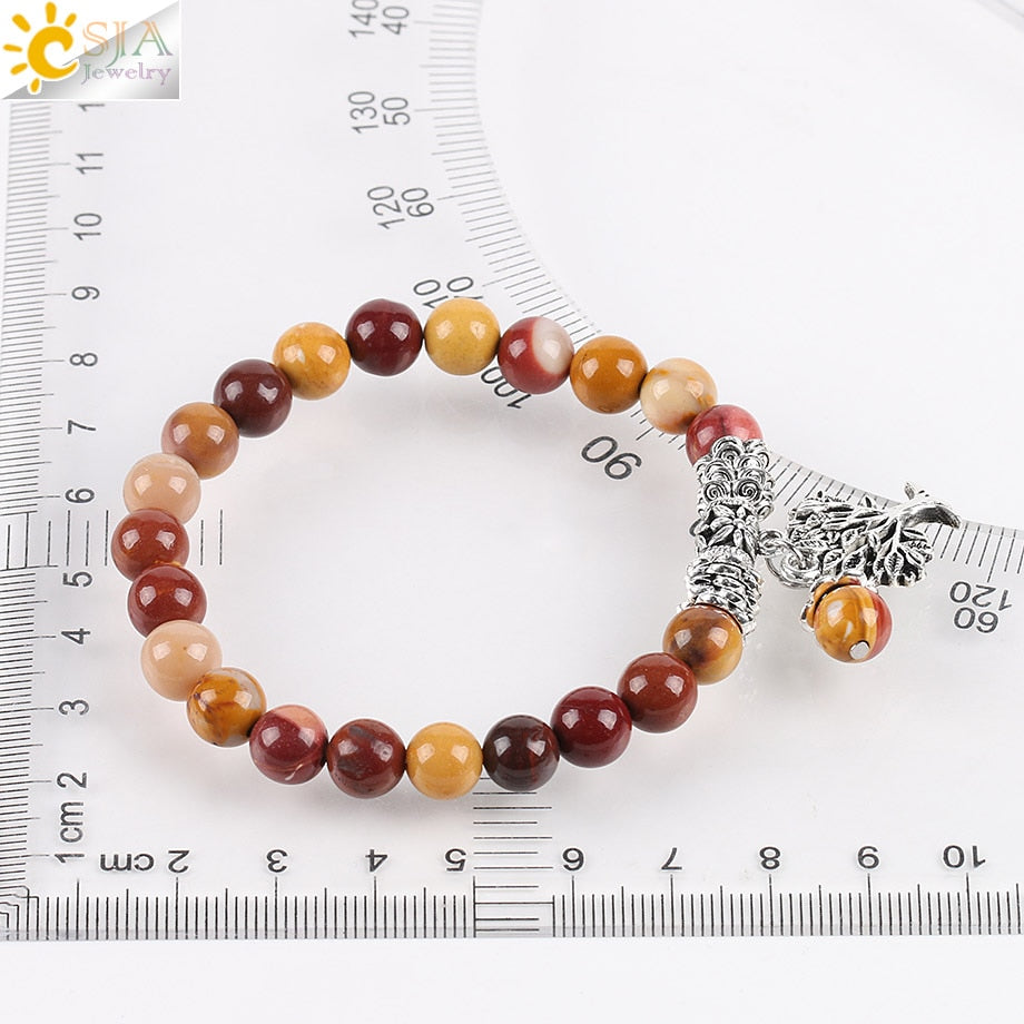 CSJA Tree of Life Charms Bracelet Bangle for Women Natural Egg Yolk Stone Rosary Mala Beads Healing Yoga Meditation Jewelry E738