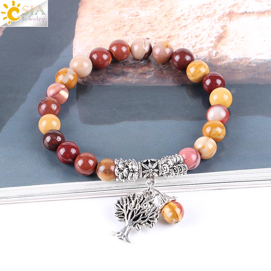 CSJA Tree of Life Charms Bracelet Bangle for Women Natural Egg Yolk Stone Rosary Mala Beads Healing Yoga Meditation Jewelry E738