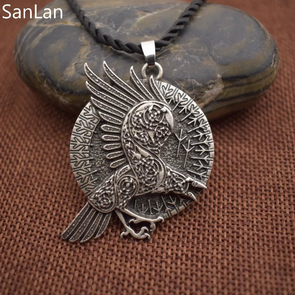 Norse Viking Runes Jewelry Valknut Raven Knots Round Pendant Necklace Talisman
