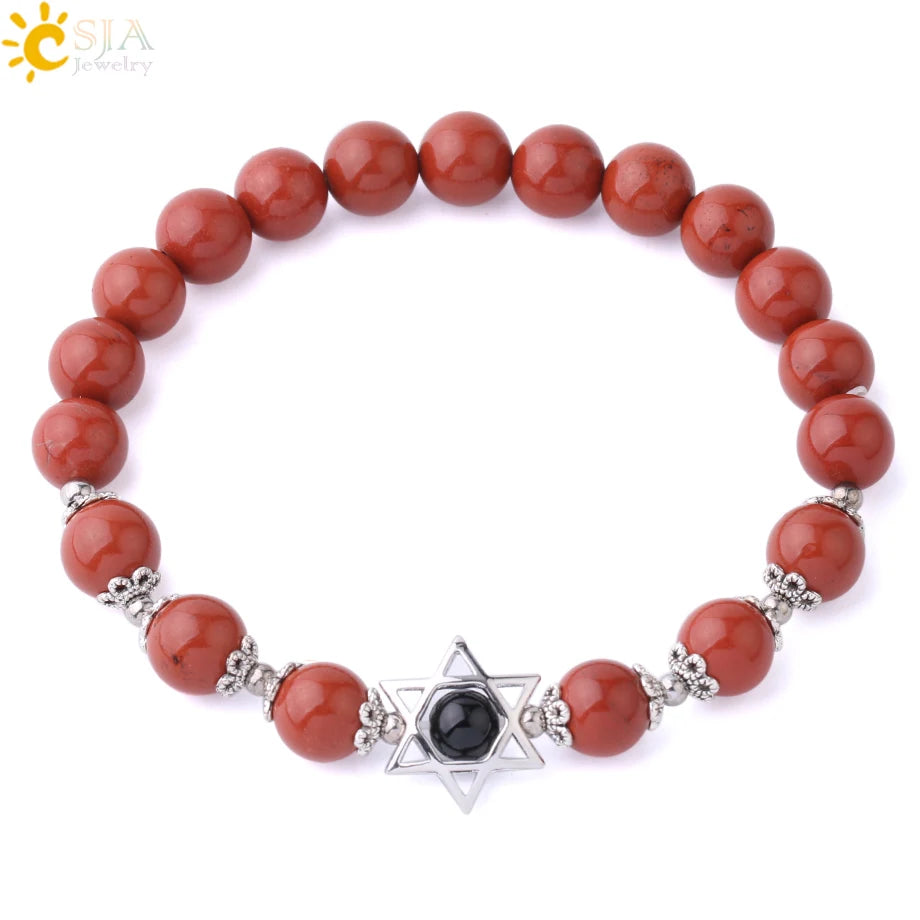 CSJA Natural Stone Hexagram Charms Bracelets Magen Star of David Lapis Lazuli Rhodonite 8MM Gem Bead Bracelet for Women Men F827