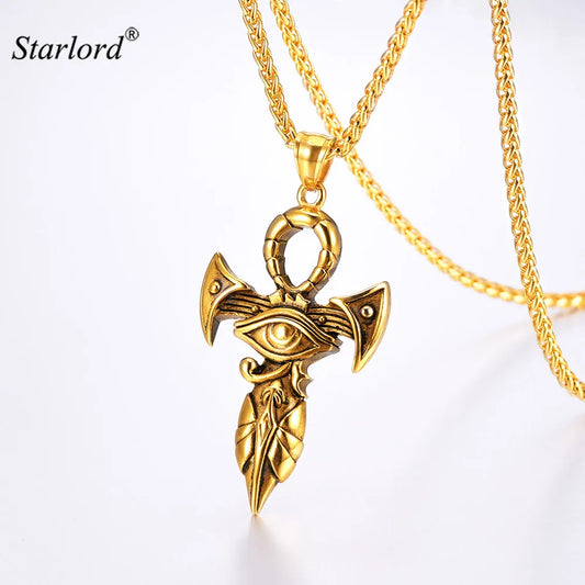 Eye of Horus Pendant Necklace Gold/Stainless Steel Pharaoh Protection Amulet Necklace Ankh Cross Egyptian Jewelry GP3319