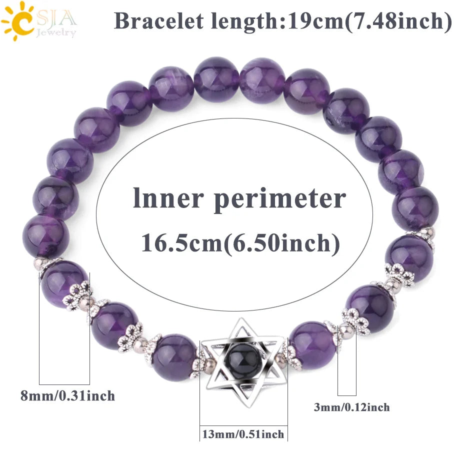 CSJA Natural Stone Hexagram Charms Bracelets Magen Star of David Lapis Lazuli Rhodonite 8MM Gem Bead Bracelet for Women Men F827