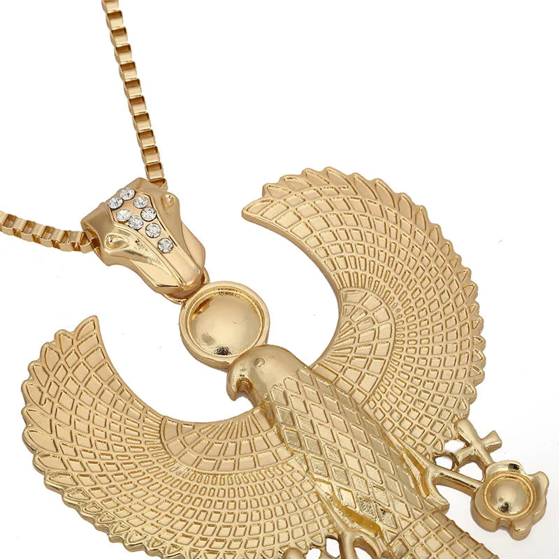 Newest Fashion Metal Gold Color Egyptian Horus Bird Falcon Holding Ankh Pendant Necklace Bib Chain Choker Animal Hiphop Necklace