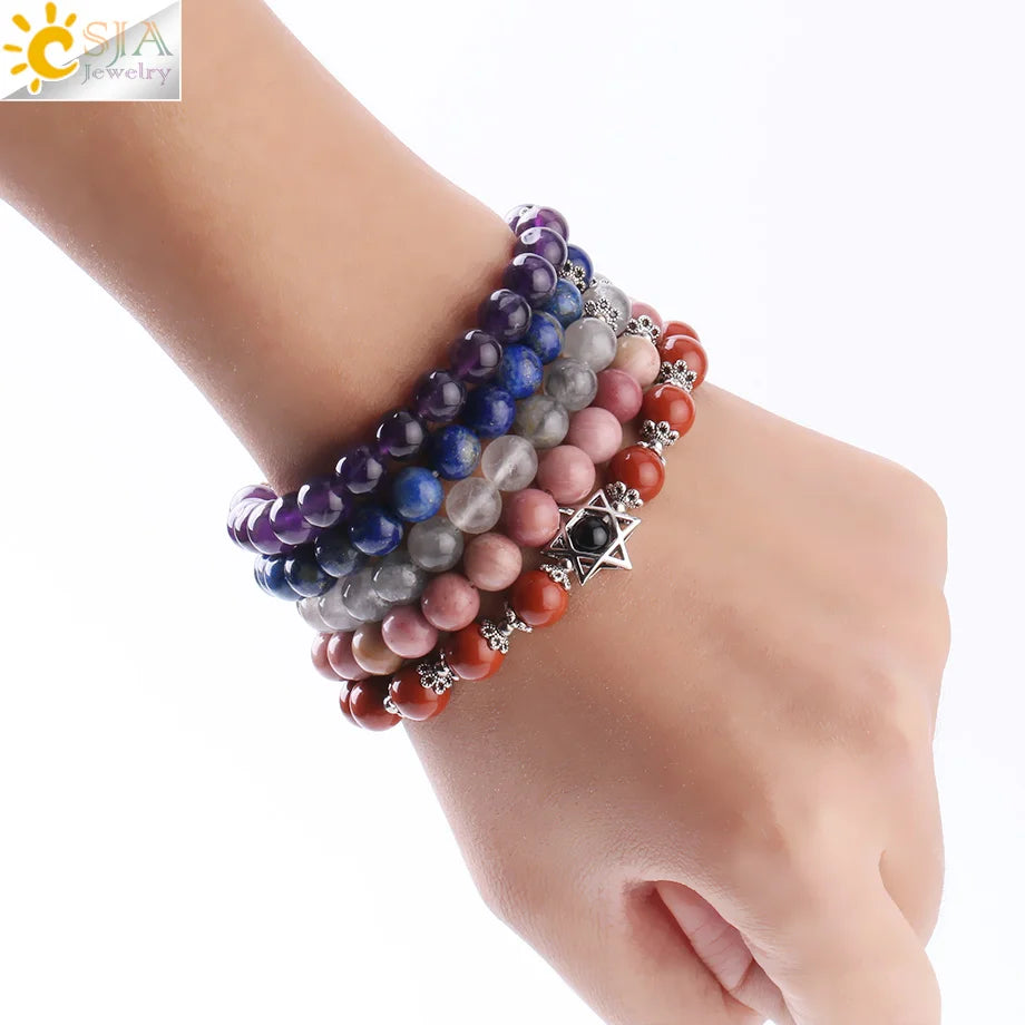 CSJA Natural Stone Hexagram Charms Bracelets Magen Star of David Lapis Lazuli Rhodonite 8MM Gem Bead Bracelet for Women Men F827