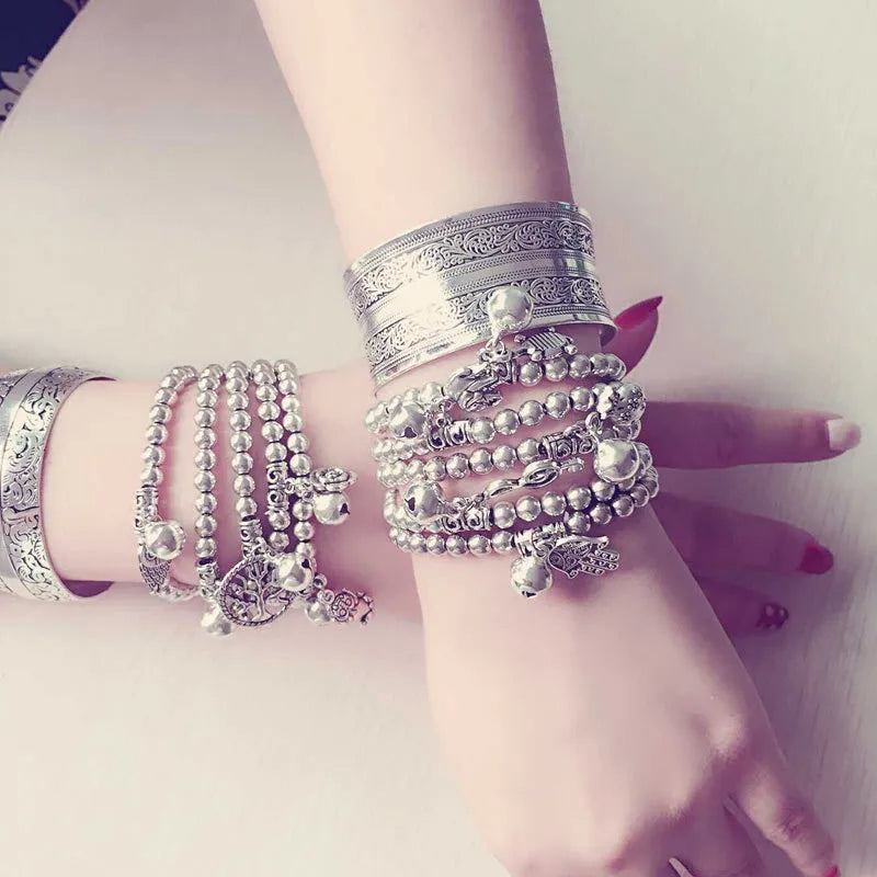 Yumfeel Bohemian Vintage Tibetan Silver Plated Beads Bracelet Owl Elephant Charm Bracelets Jewelry