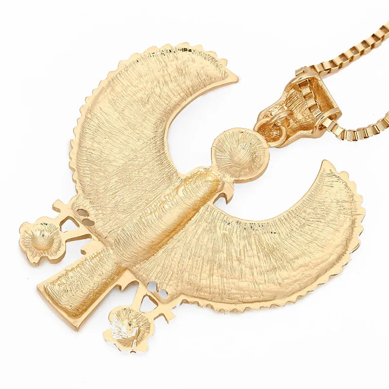 Newest Fashion Metal Gold Color Egyptian Horus Bird Falcon Holding Ankh Pendant Necklace Bib Chain Choker Animal Hiphop Necklace