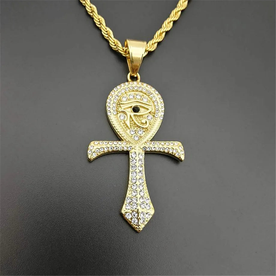 Egyptian Ankh Cross Pendant Necklace For Women/Men Gold Color Stainless Steel Eye of Horus Necklace Iced Out Bling Egypt Jewelry