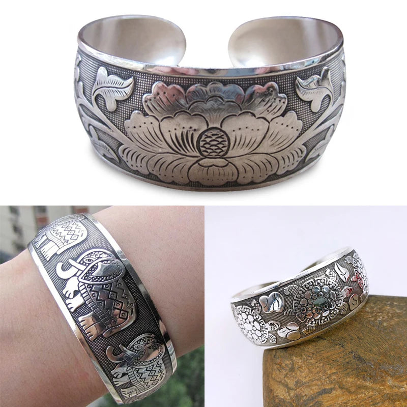 Chinese Vintage Silvery Tibetan Bracelet Carved Wide Bracelet Elephant Tortoise Flower Vintage Charm For Women Ethnic Jewelry