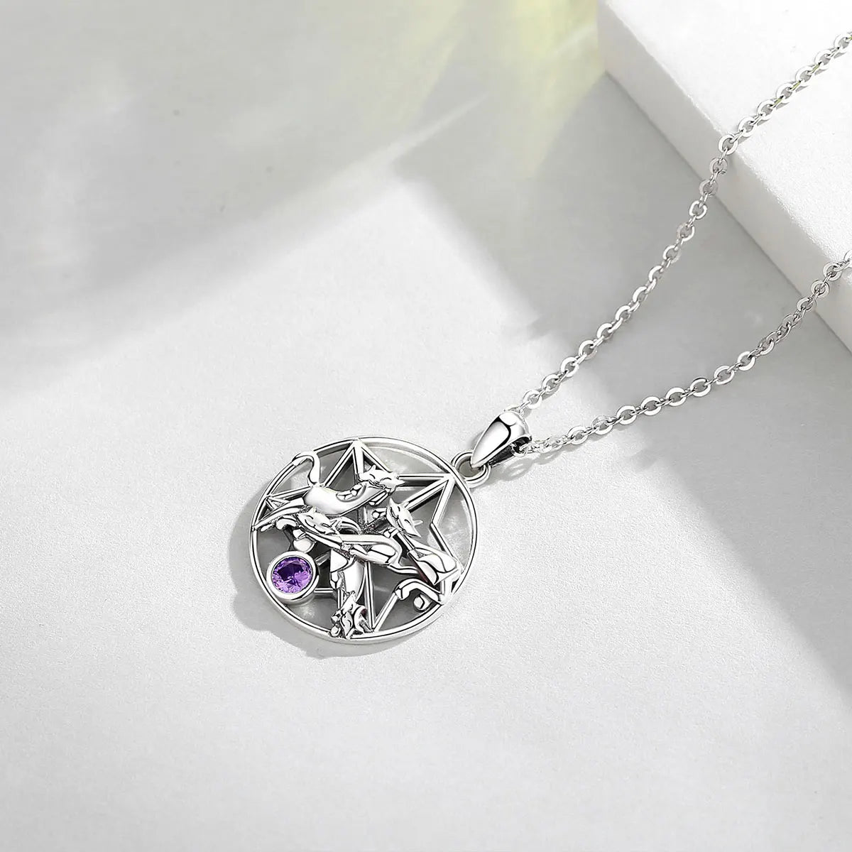 EUDORA 925 Sterling Silver Lucky Cat Pendant Star of David Necklace with Purple Crystal Animal Jewelry for Girl Women Gift D619