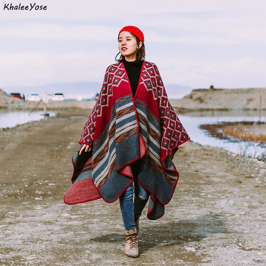KHALEE YOSE Ethnic Argyle Strapped Cloak Cardigan Vintage Chic Autumn Winter Floral Boho Knited Cape Shawl Poncho Warm Outwear