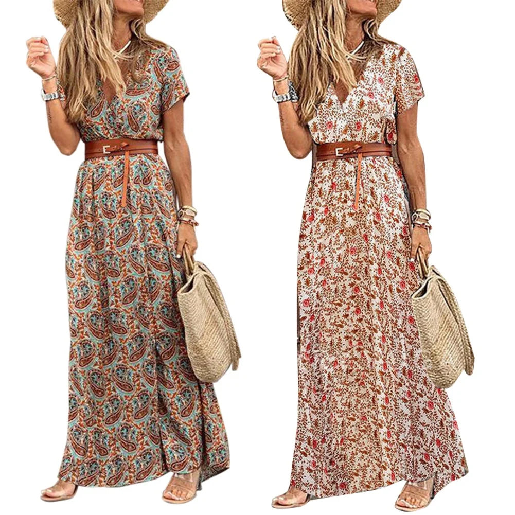 Loose dress Boho Women V Neck Short Sleeve Paisley Print Belt Large Hem Beach Long Dress Belt Large Hem Beach Long Dress