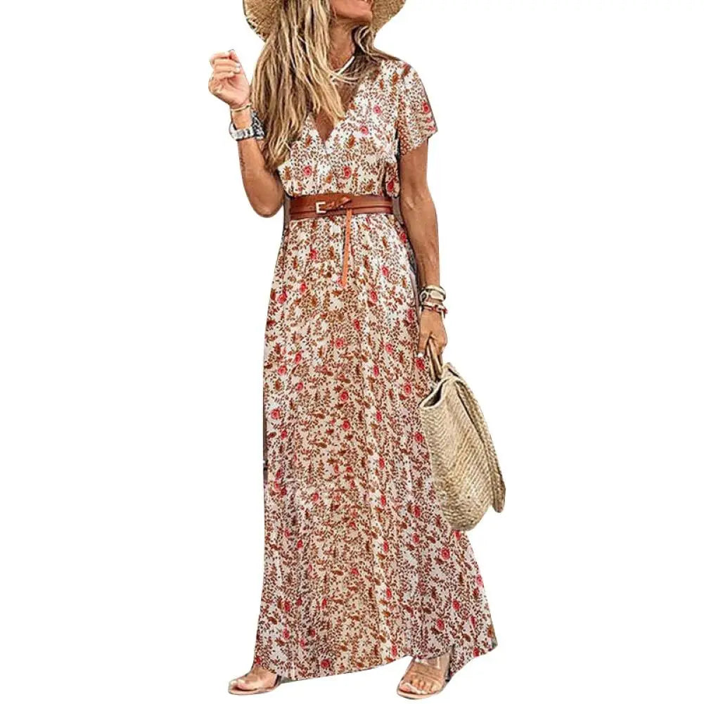 Loose dress Boho Women V Neck Short Sleeve Paisley Print Belt Large Hem Beach Long Dress Belt Large Hem Beach Long Dress
