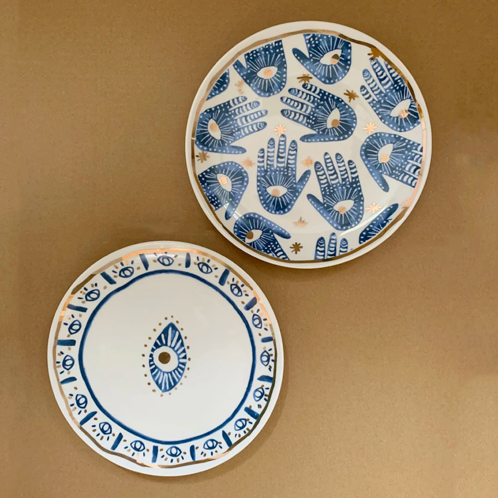 Creative Ceramic Hands Eyes Plate with Gold Rim Dinnerware Dessert Cake Dishes Coffee Cups Totem Serving Tray