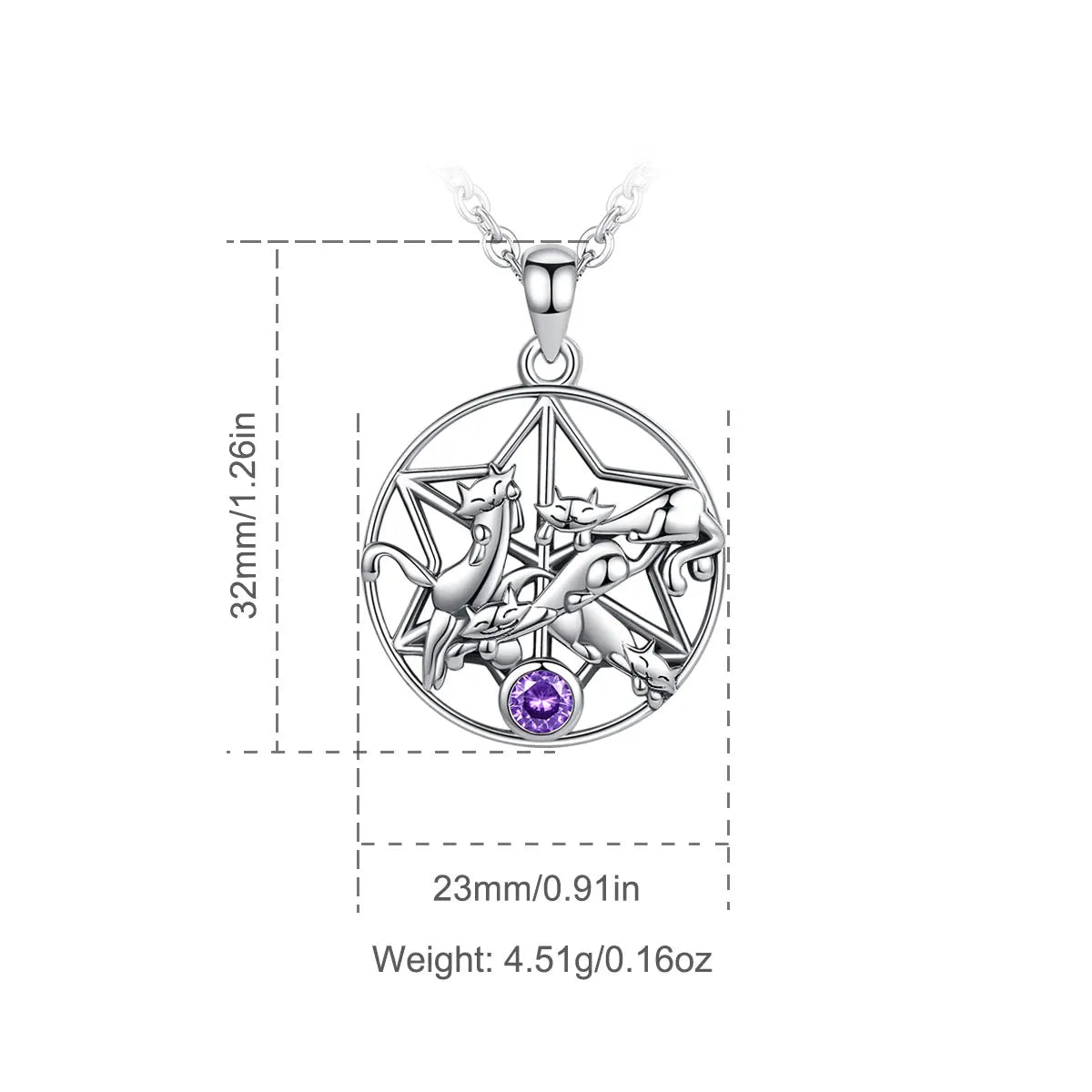 EUDORA 925 Sterling Silver Lucky Cat Pendant Star of David Necklace with Purple Crystal Animal Jewelry for Girl Women Gift D619