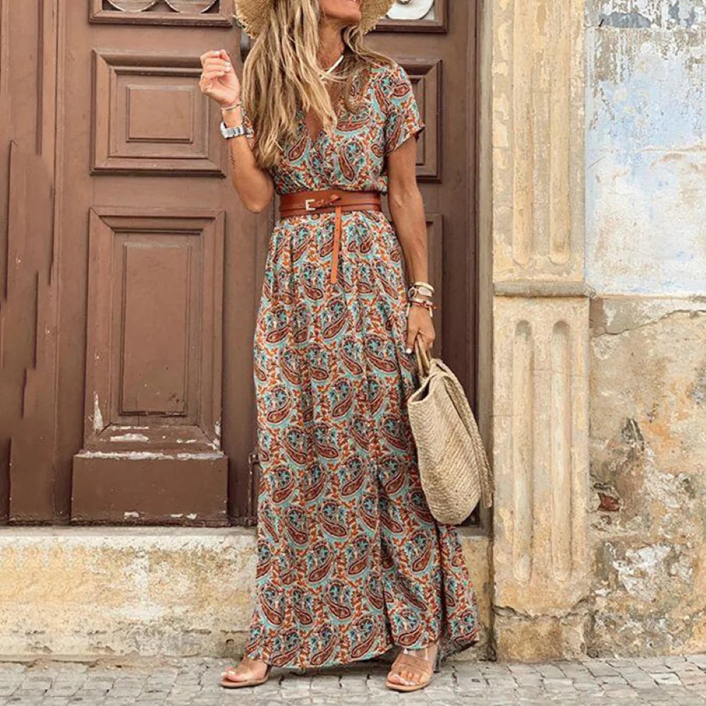 Loose dress Boho Women V Neck Short Sleeve Paisley Print Belt Large Hem Beach Long Dress Belt Large Hem Beach Long Dress