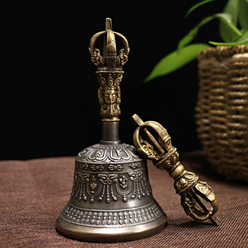 Nepal Handmade Gilding Five-Strand Diamond Bell Pestle Large Copper Bell Rattle Repair Ceremony Bell Tibetan Tantra Dharma-Vessel