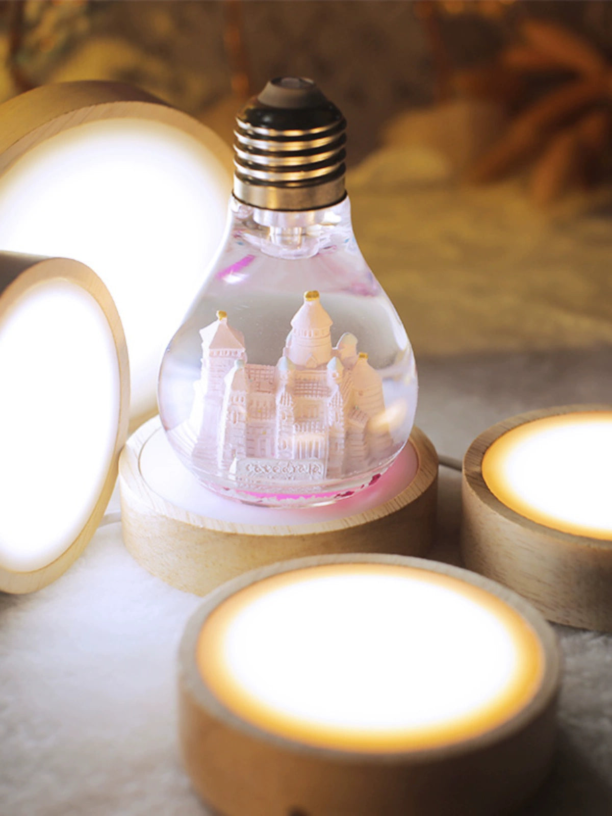 USB Plug-in round Solid Wood Luminous Base Diffuser Lampshade LED Light Crystal White Light Warm Light Control Small Night Lamp