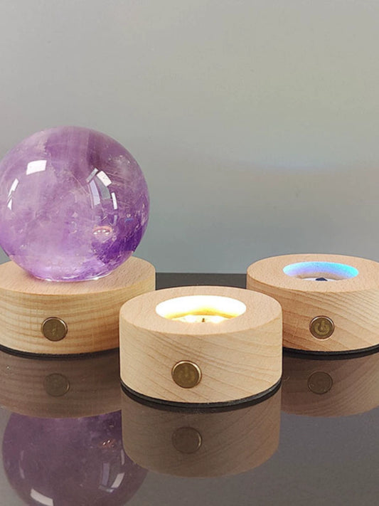 USB Charging Solid Wood LED Light Colorful Dimming Crystal Ball Small Night Lamp Portable Touch Control Luminous Base