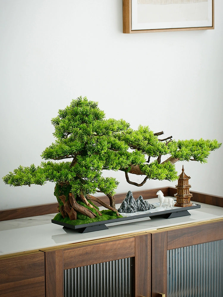 Chinese Style Living Room Bonsai Artificial Greeting Pine Green Plant Landscape Decoration Office Indoor Bonsai Hallway Desktop Decoration