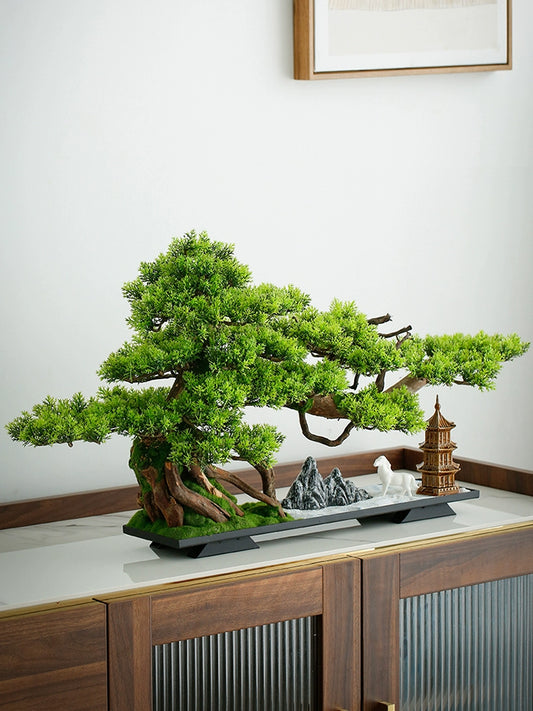 Chinese Style Living Room Bonsai Artificial Greeting Pine Green Plant Landscape Decoration Office Indoor Bonsai Hallway Desktop Decoration