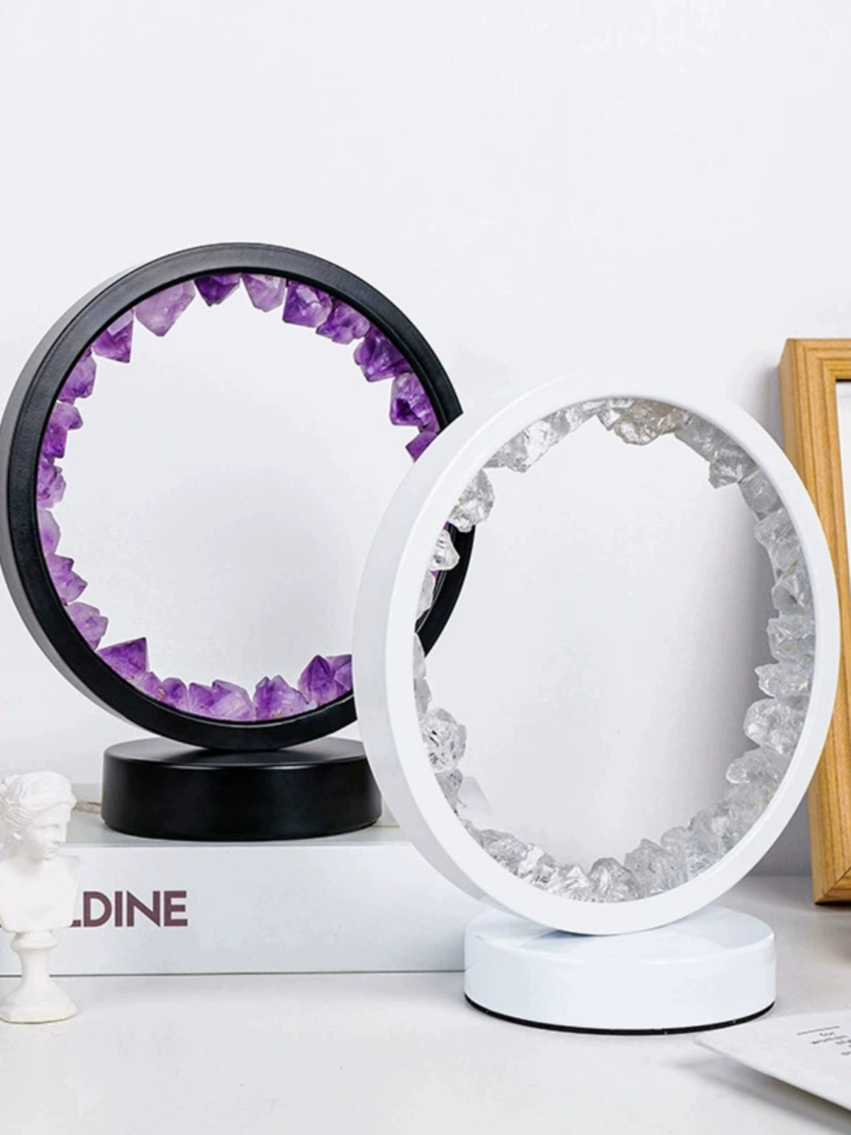 Natural Amethyst Vug Tooth Flower DIY round Night Light USB Plug-in Base Home Bedside Lighting