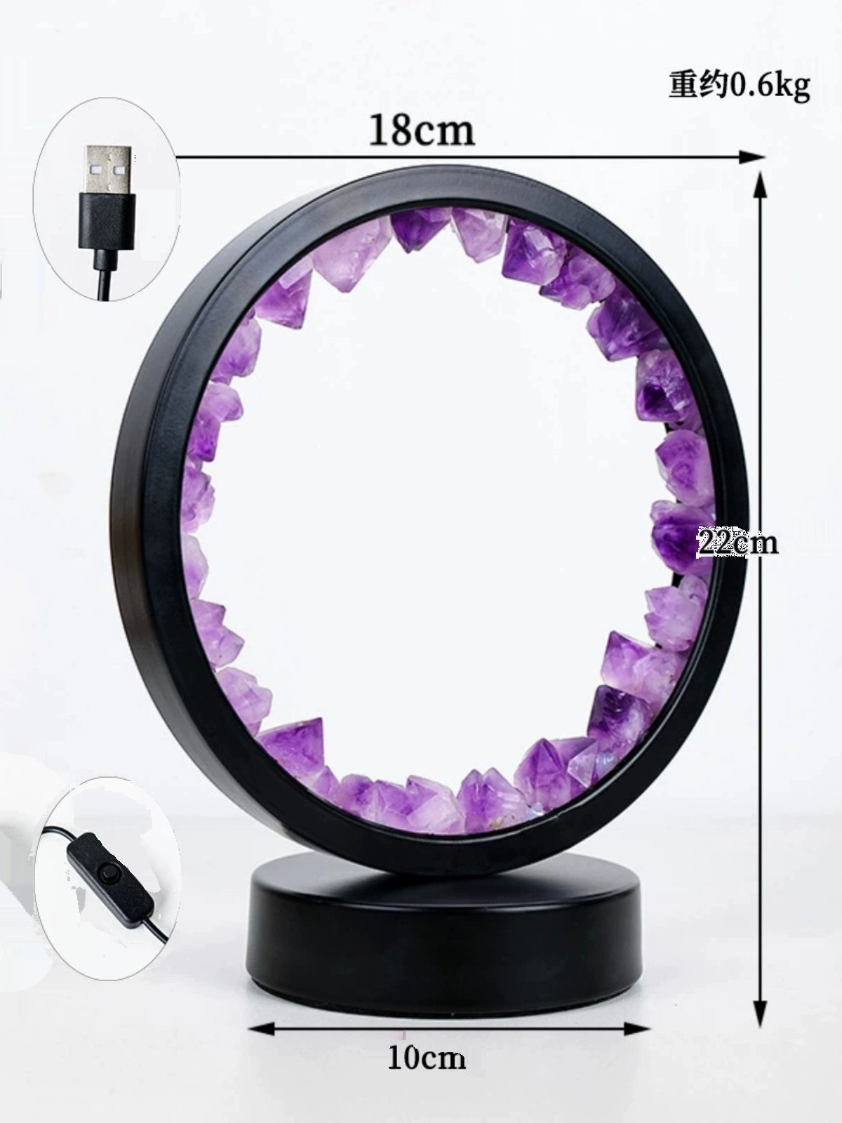 Natural Amethyst Vug Tooth Flower DIY round Night Light USB Plug-in Base Home Bedside Lighting