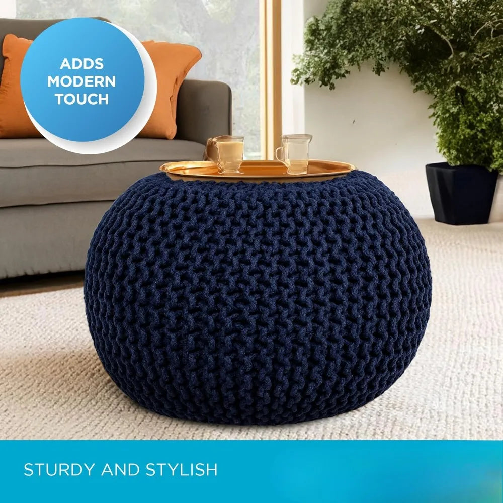 Round Pouf Ottoman Cotton Braided Foot Stool with Bean Bag Filling Boho Foot Rest for Living Room & Bedroom