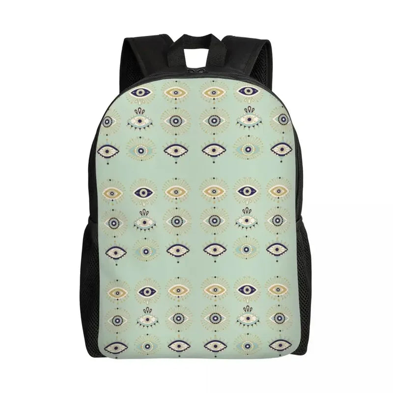 Custom Navy Blue White Mediterranean Evil Eye Mandala Pattern Backpacks Men Casual Bookbag for School College Bohemian Boho Bags