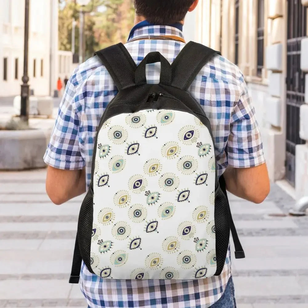 Custom Navy Blue White Mediterranean Evil Eye Mandala Pattern Backpacks Men Casual Bookbag for School College Bohemian Boho Bags