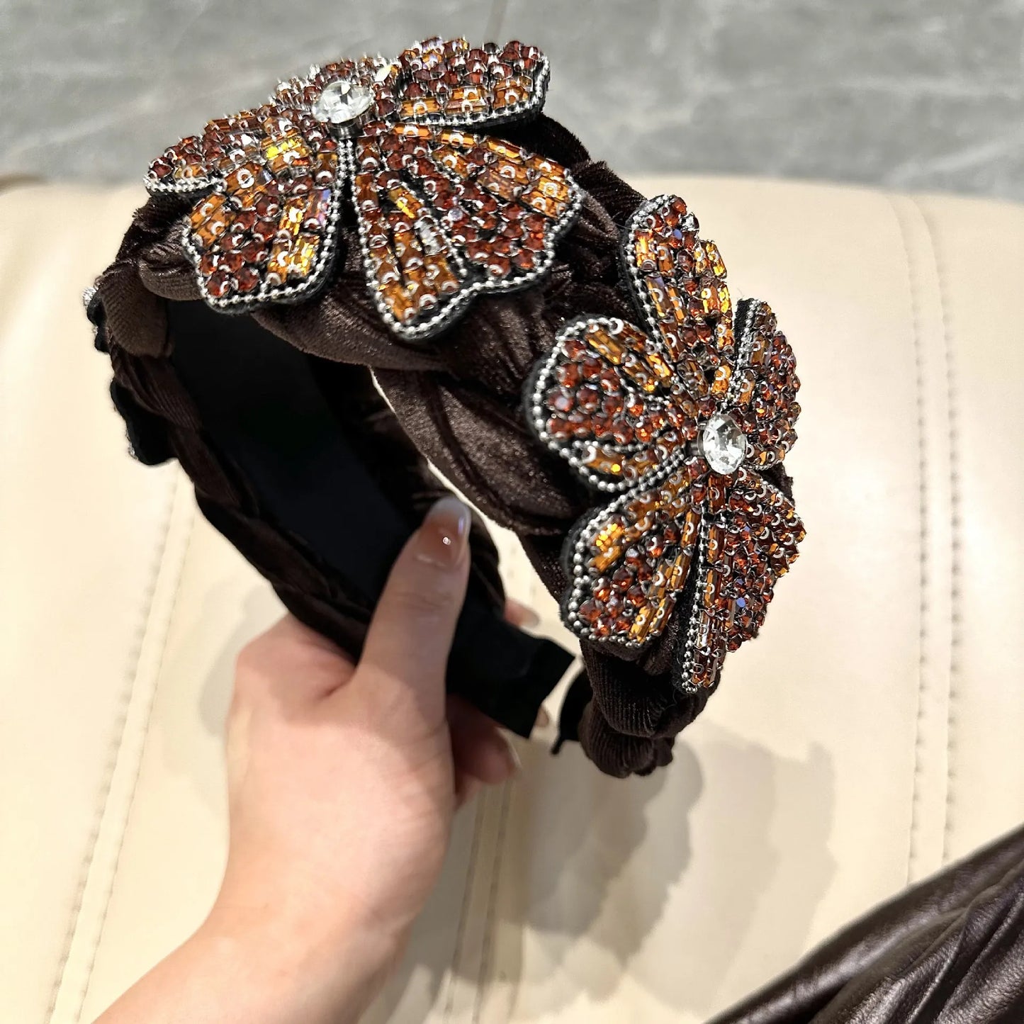 3 Crystal Flowers Headbands for Women Twist Headband Velvet Weaving Shape Wide Hairband Boho Plaited Hairhoop for Lady Girls