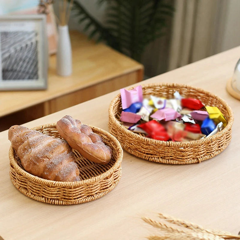 Round Rattan Fruit Basket Bowls Natural Wicker Boho Woven Storage Baskets Bread Tray for Kitchen Coffee Table Farmhouse