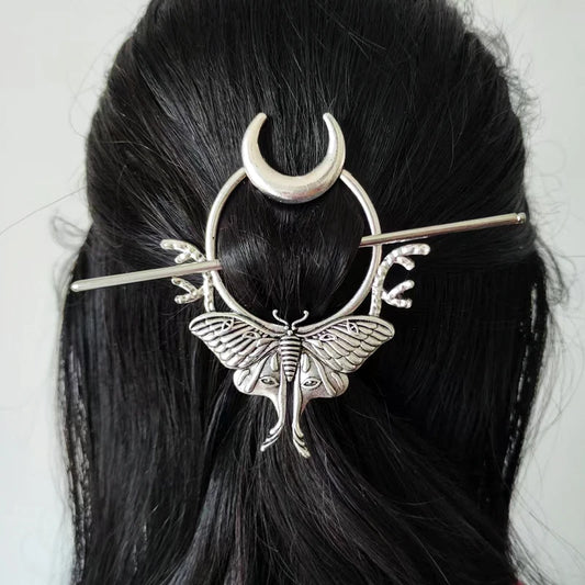 Witch Crescent Moon Cicada Butterfly Hair Barrette Woodland Pagan Hairpin for women wicca Gift