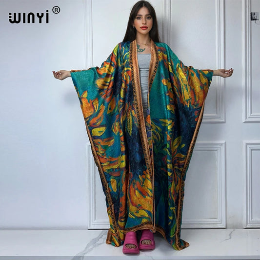 WINYI high quality boho print open coat Beach Wear Cover up elegant kaftan abaya dubai luxury Cardigan kimono maxi dress