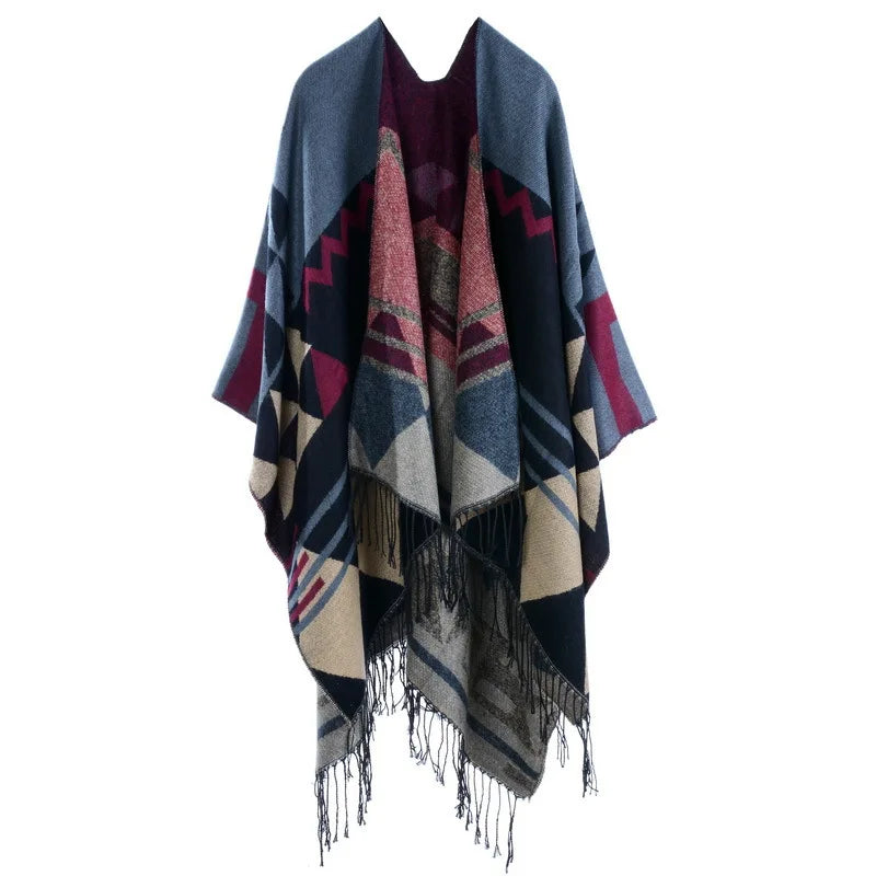 Poncho Bohemian Geometric Tassel Split Shawl Cape Travel Scarf Double-sided Cloak Imitation Cashmere Women Coat Red