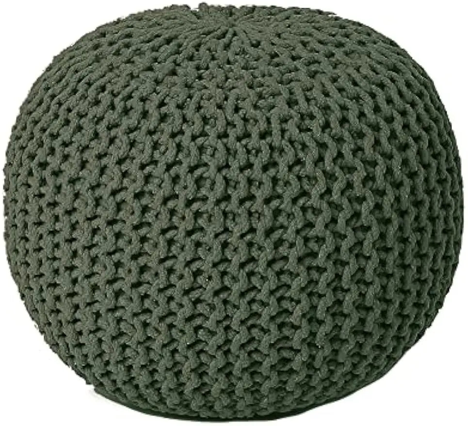 Round Hand Knitted Pouf - Foot Stool Bean Bag Ottoman - Cord Boho Pouffe - Poof Accent Beanbag Footrest for Living Room Olive