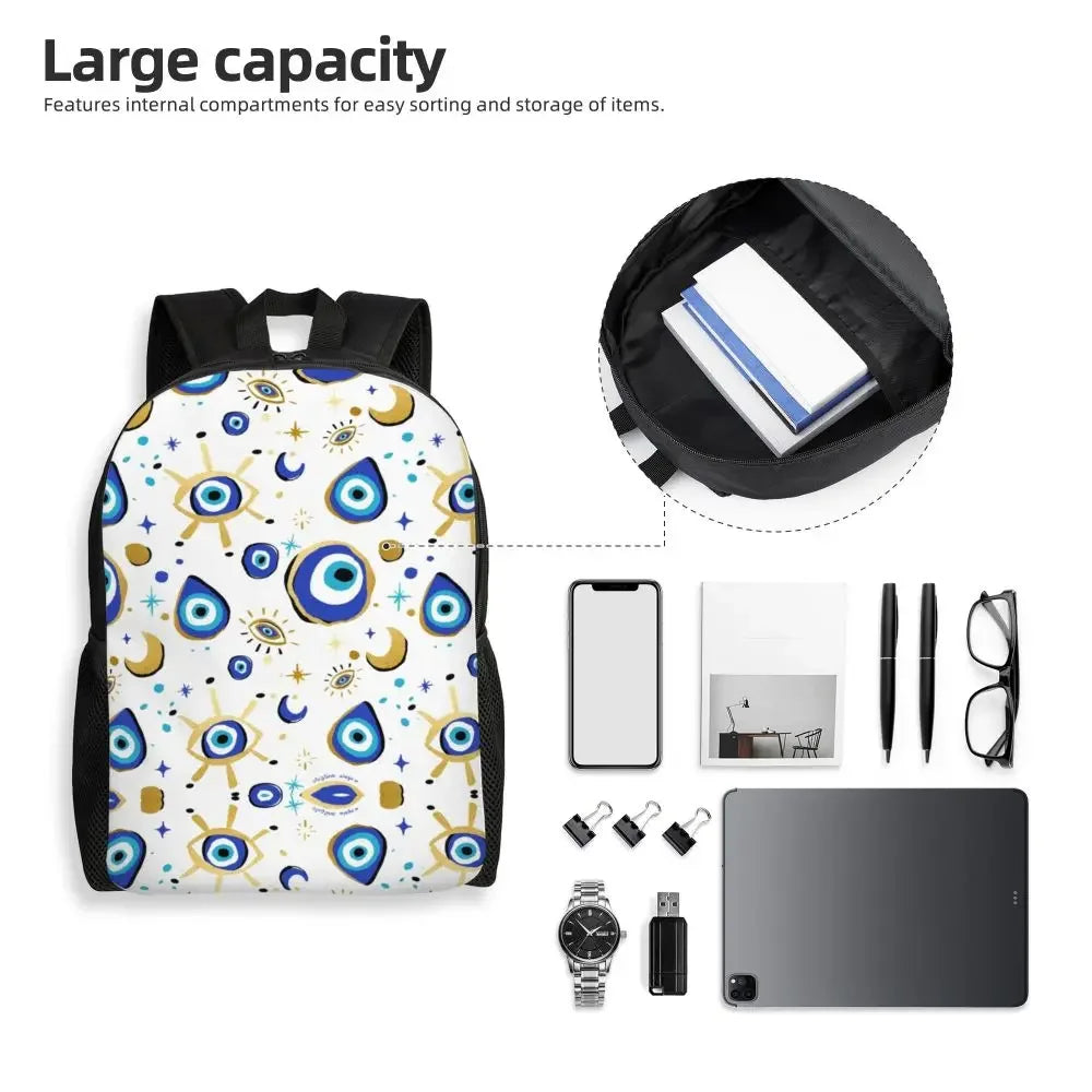 Custom Navy Blue White Mediterranean Evil Eye Mandala Pattern Backpacks Men Casual Bookbag for School College Bohemian Boho Bags