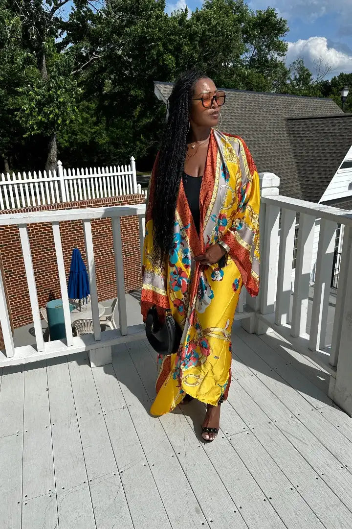 African Summer Fashion Lady Boho Silk Printed Loose Long Cardigans Causal Europe Women Beach Swimwear Duster Coats Muslim Robe