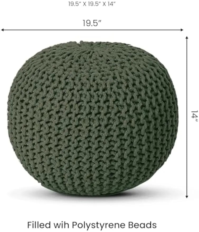 Round Hand Knitted Pouf - Foot Stool Bean Bag Ottoman - Cord Boho Pouffe - Poof Accent Beanbag Footrest for Living Room Olive