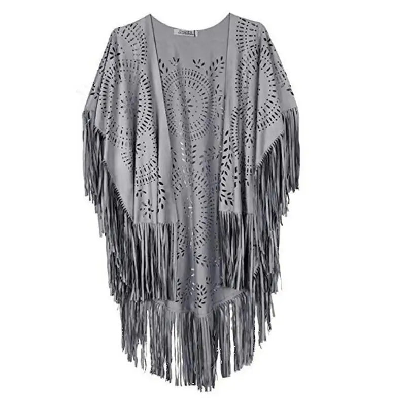 Suede Floral Hollow Out Fringe Tassel Shawl Women Vintage Capes Ponchos Bohemian Cardigan Coat Cloak Boho Capes Bikini Cover