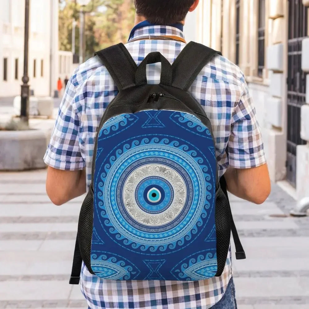 Custom Navy Blue White Mediterranean Evil Eye Mandala Pattern Backpacks Men Casual Bookbag for School College Bohemian Boho Bags