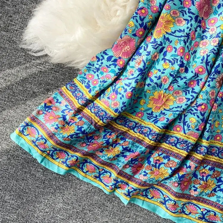 Vintage Women's Beach Skirt Dress Long Sleeve Floral Print Beach Bohemian Straight V-neck Maxi Dress Summer Ladies Dress