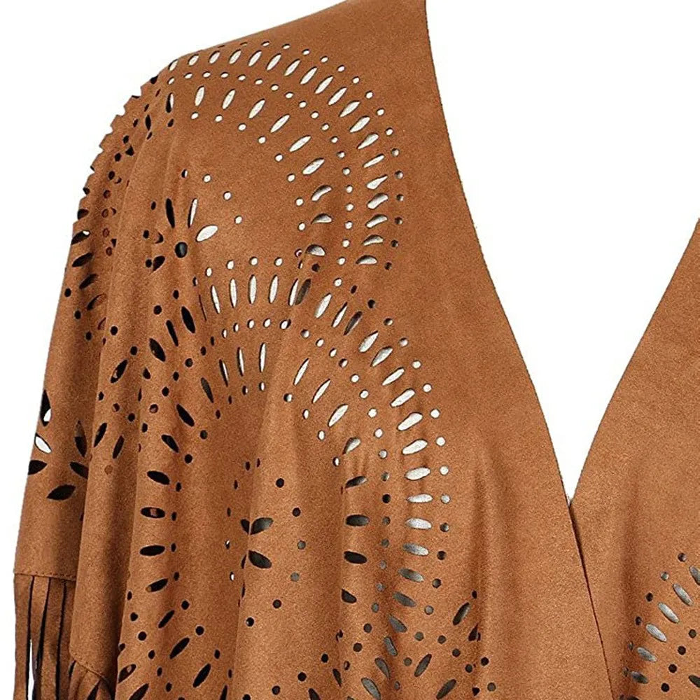 Suede Floral Hollow Out Fringe Tassel Shawl Women Vintage Capes Ponchos Bohemian Cardigan Coat Cloak Boho Capes Bikini Cover