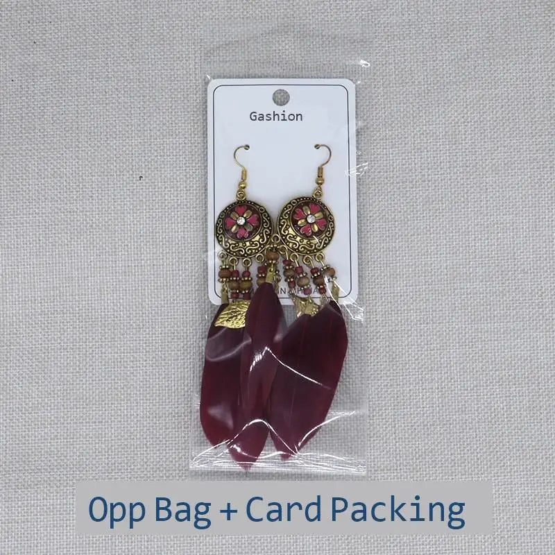 Boho Feather Tassel Earrings 2024 Trendy Elegant Antique Alloy Carved Wood Bead Leaf Dangling Earrings Women Party Jewelry