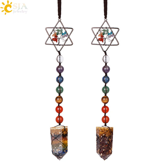 CSJA 7 Chakra Car Hanging Accessories for Mirror Hexagram Tree of Life Chip Crystal Beads Door Window Ornaments Feng Shui G707