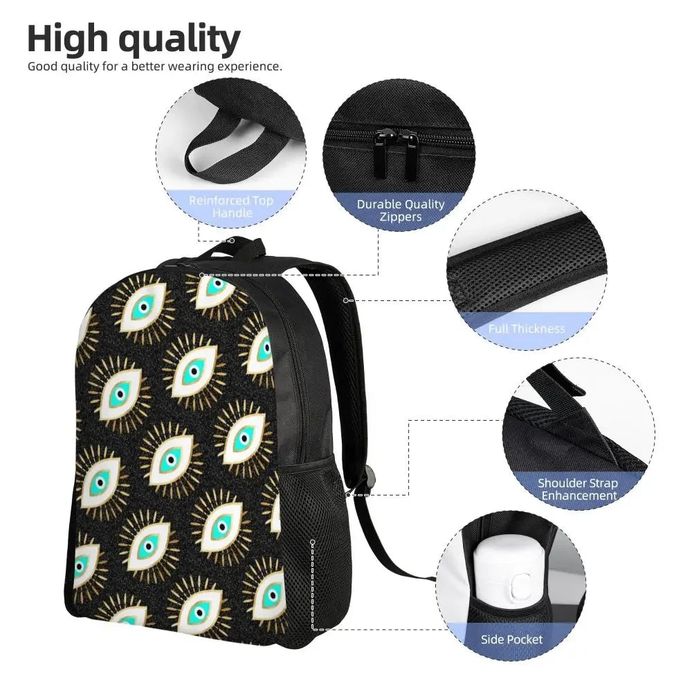 Custom Navy Blue White Mediterranean Evil Eye Mandala Pattern Backpacks Men Casual Bookbag for School College Bohemian Boho Bags