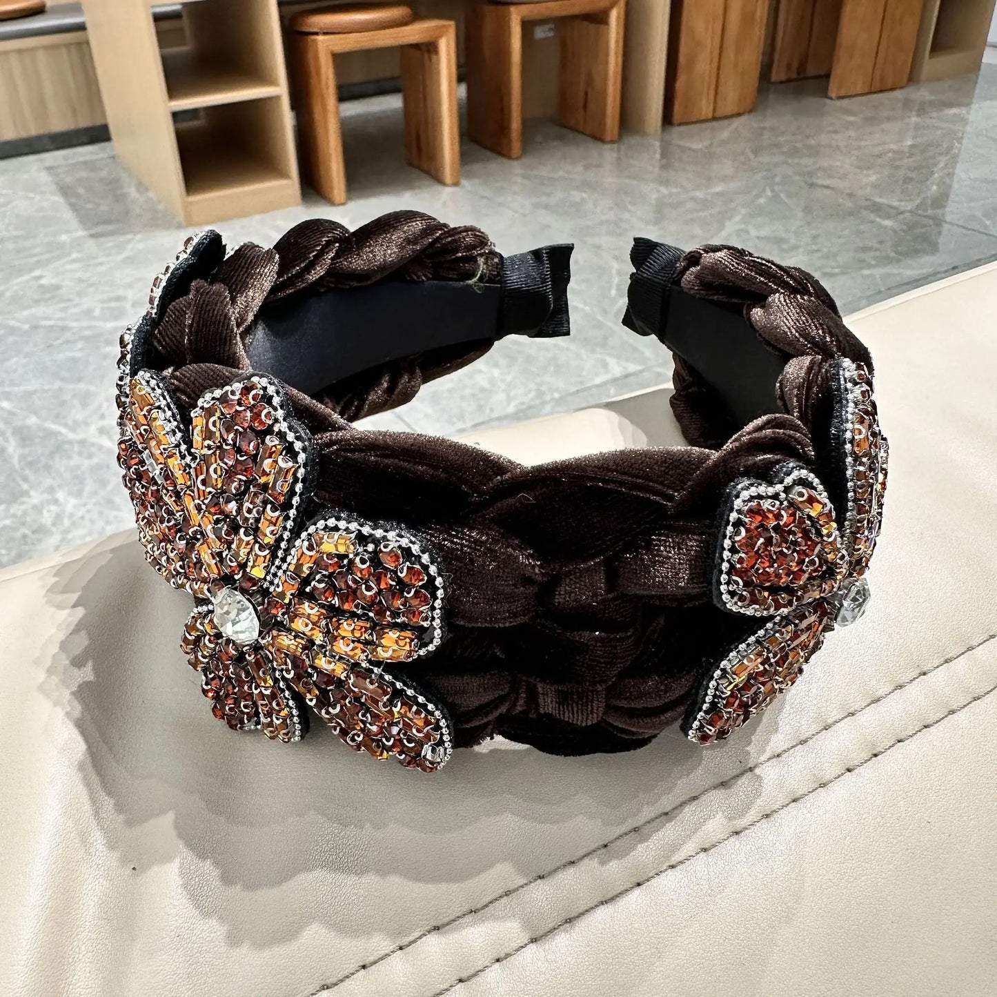 3 Crystal Flowers Headbands for Women Twist Headband Velvet Weaving Shape Wide Hairband Boho Plaited Hairhoop for Lady Girls