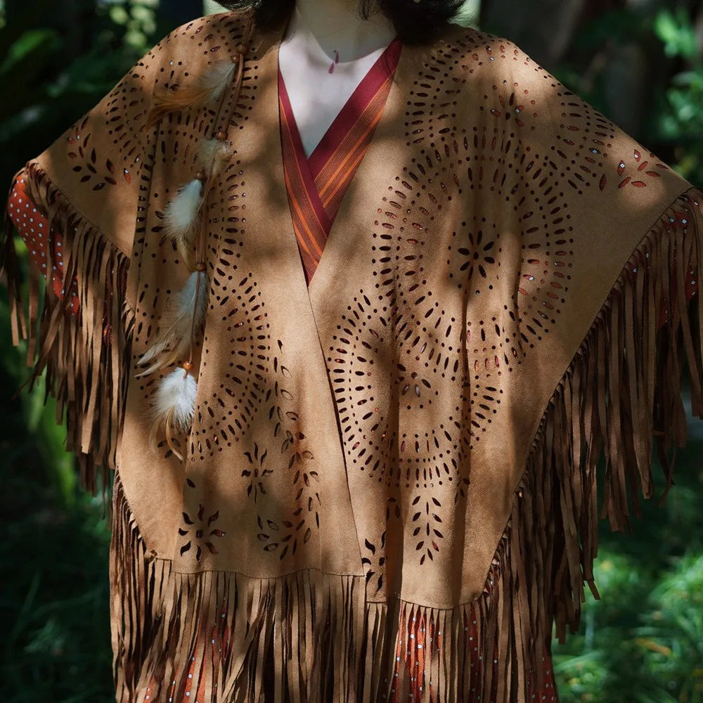 Suede Floral Hollow Out Fringe Tassel Shawl Women Vintage Capes Ponchos Bohemian Cardigan Coat Cloak Boho Capes Bikini Cover