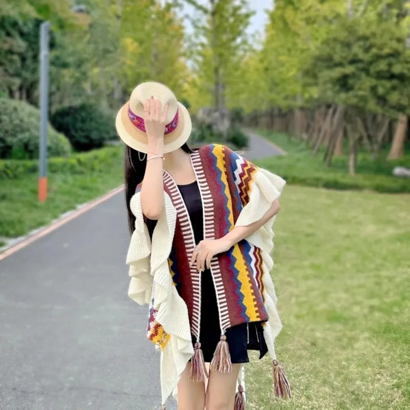 Boho Women Cape Korean Tassel Knitted  Shawl Fashion Stripe Ruffled Cardigan Female Spring Autumn Casual Warm Coat