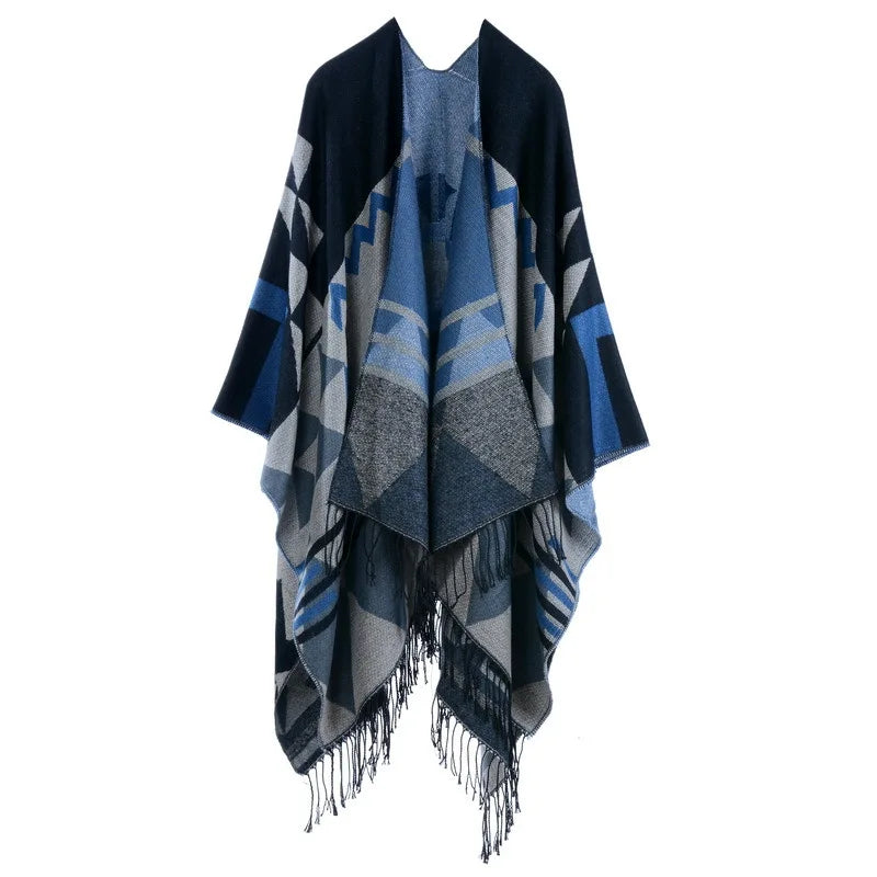 Poncho Bohemian Geometric Tassel Split Shawl Cape Travel Scarf Double-sided Cloak Imitation Cashmere Women Coat Red