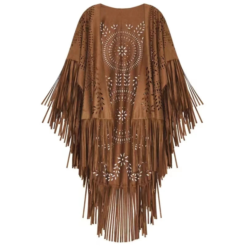 Suede Floral Hollow Out Fringe Tassel Shawl Women Vintage Capes Ponchos Bohemian Cardigan Coat Cloak Boho Capes Bikini Cover
